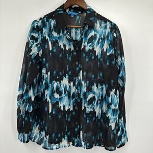 Derek Lam Design‎ Nation Blouse Womens Medium Blue Watercolor Skyline Sheer
